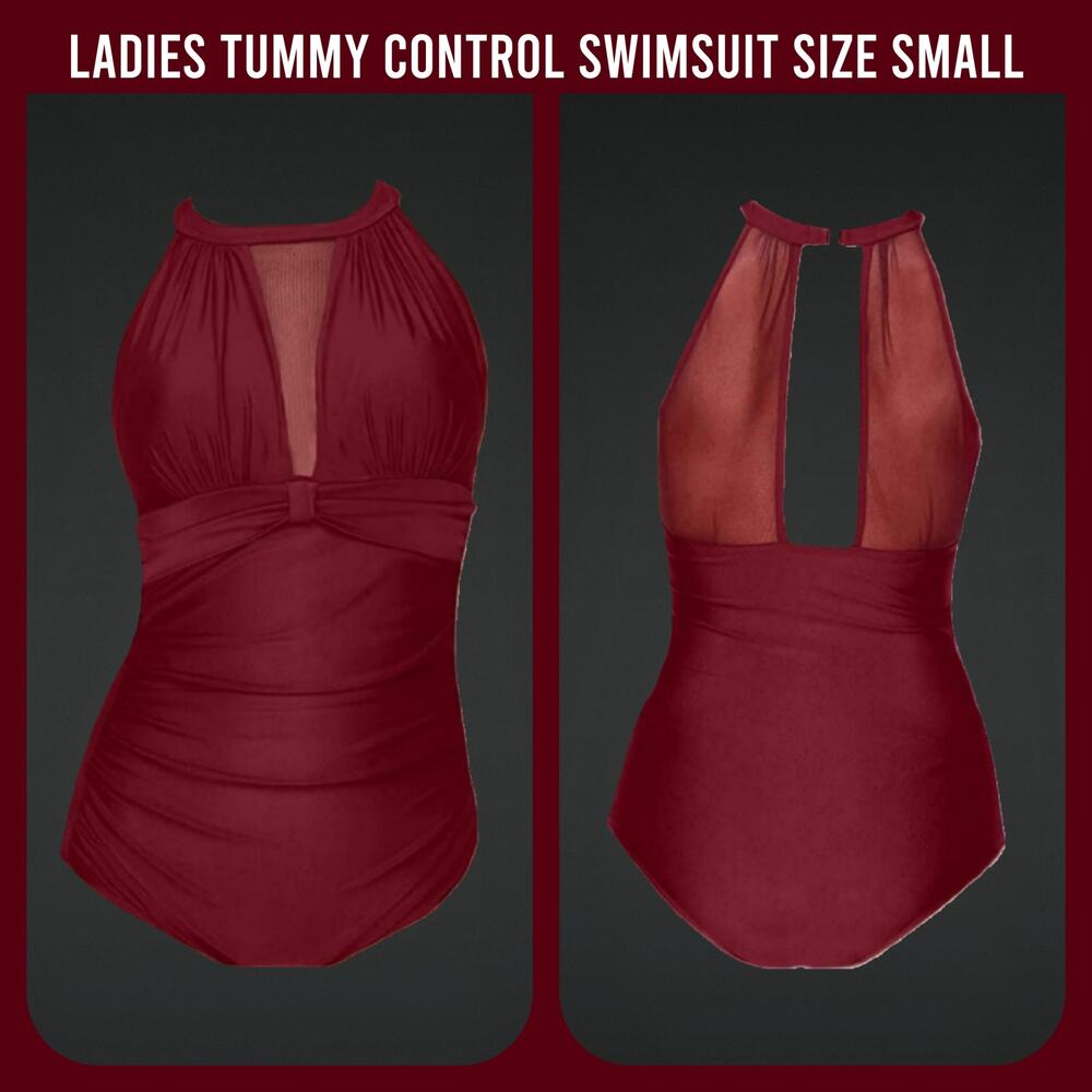 Ladies Tummy Control Halter Mesh Swimsuit Burgundy Size Small